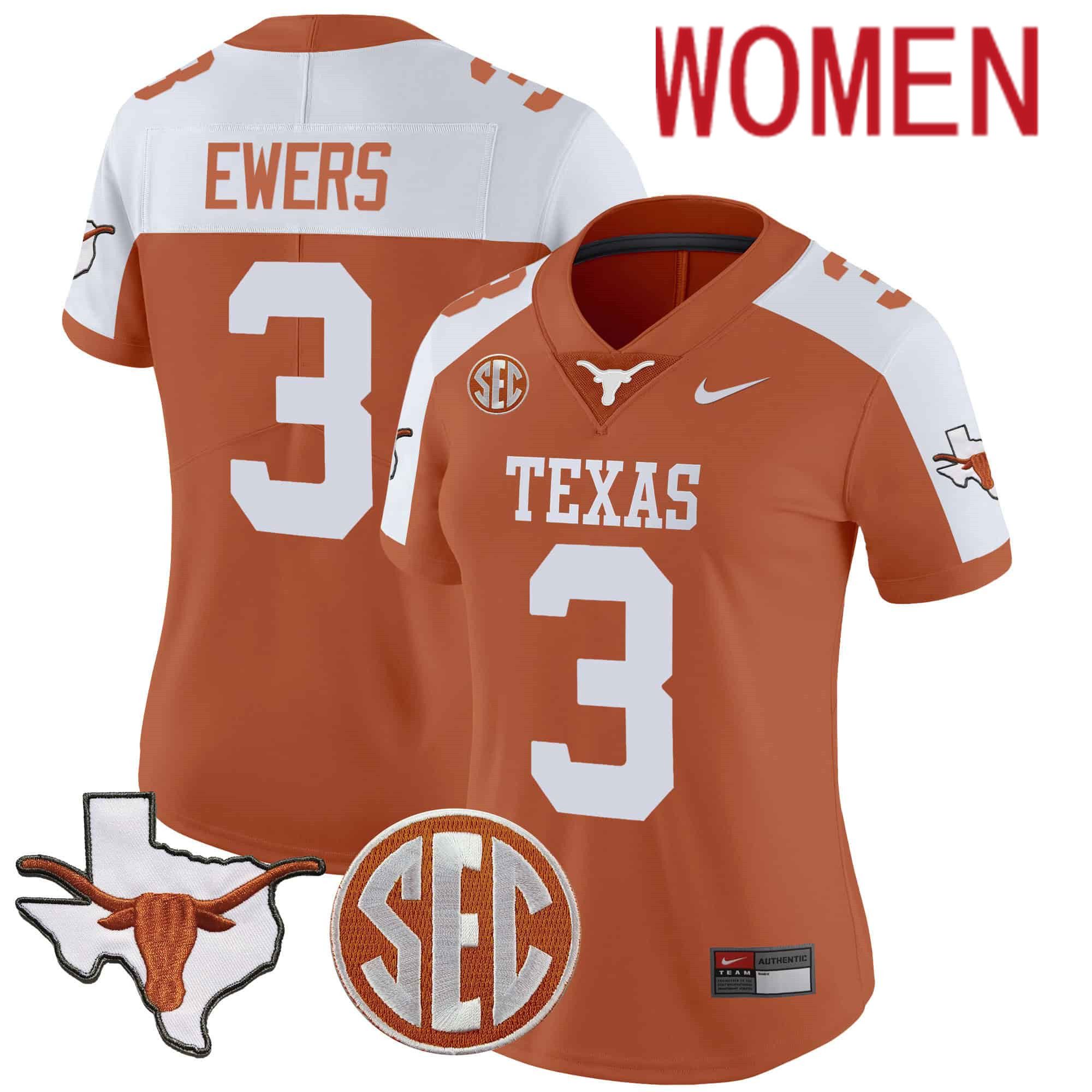 Women Texas Longhorns #3 Ewers Orange 2024 Nike State Map & SEC Patch Vapor NCAA Jersey